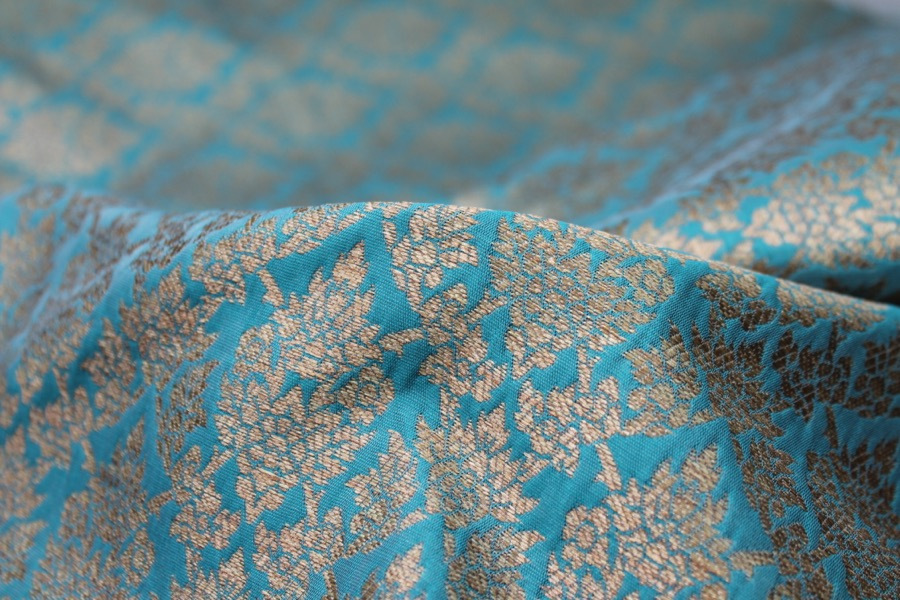 Teal and Gold Ornamental Brocade fabric, image 8 of 8