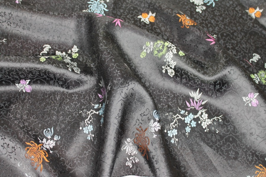 Chinese Brocade - Multi Colour Cherry Blossom and Flowers on Black fabric, image 2 of 7