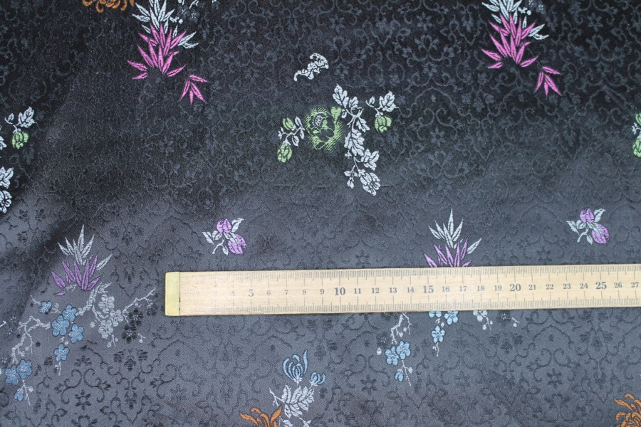 Chinese Brocade - Multi Colour Cherry Blossom and Flowers on Black fabric, image 5 of 7