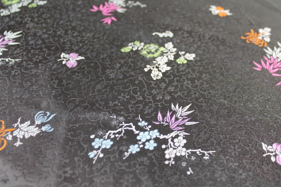 Chinese Brocade - Multi Colour Cherry Blossom and Flowers on Black fabric, image 3 of 7