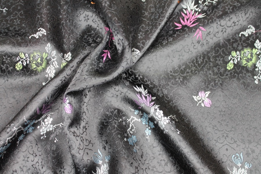 Chinese Brocade - Multi Colour Cherry Blossom and Flowers on Black fabric, image 4 of 7