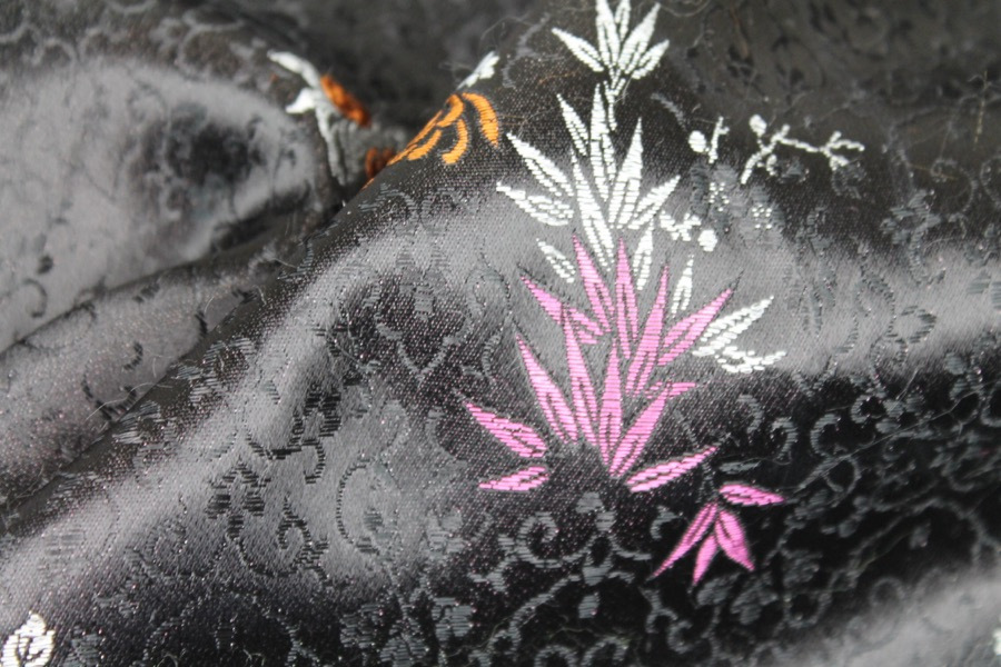Chinese Brocade - Multi Colour Cherry Blossom and Flowers on Black fabric, image 6 of 7