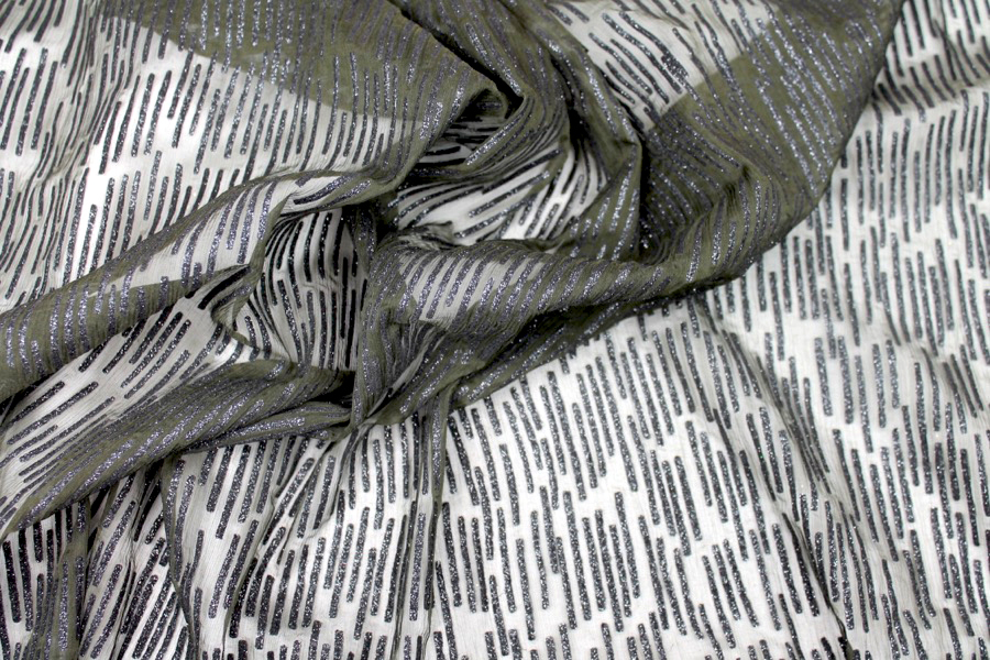Olive Chiffon with Black Glitter Stripes fabric, image 3 of 9