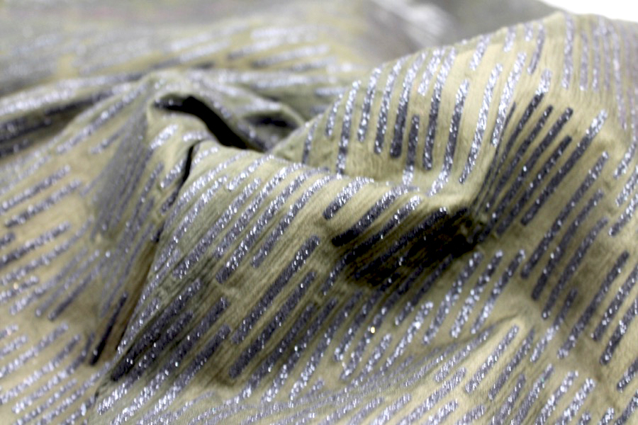 Olive Chiffon with Black Glitter Stripes fabric