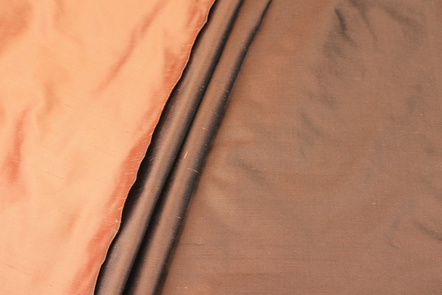 Silk Twill Backed Dupion - Tan shot Black fabric