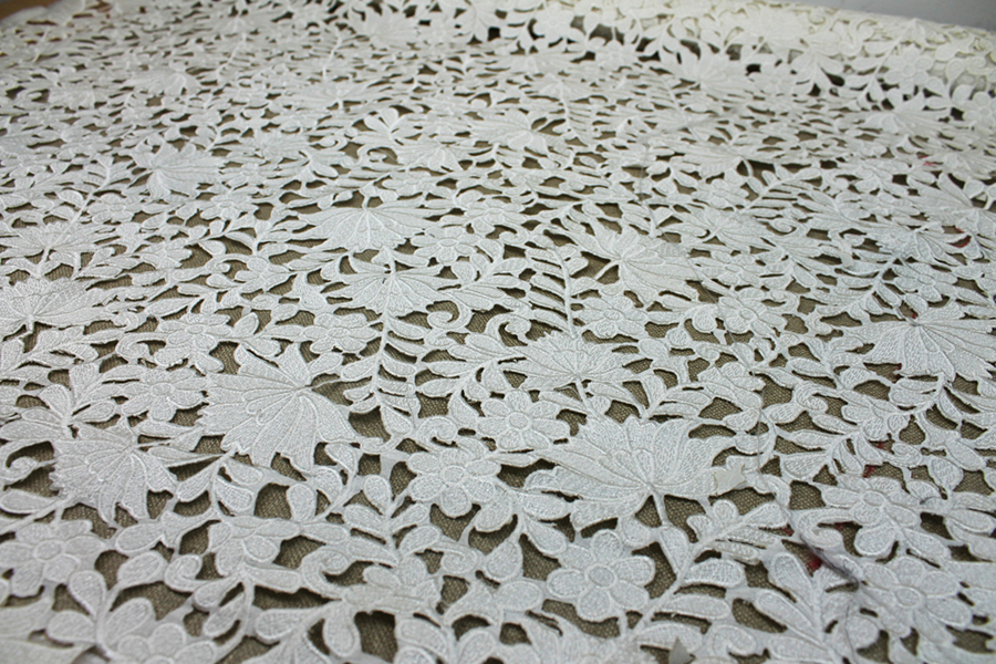 Ivory Embroidered Floral Cut Out Dupion fabric, image 6 of 9