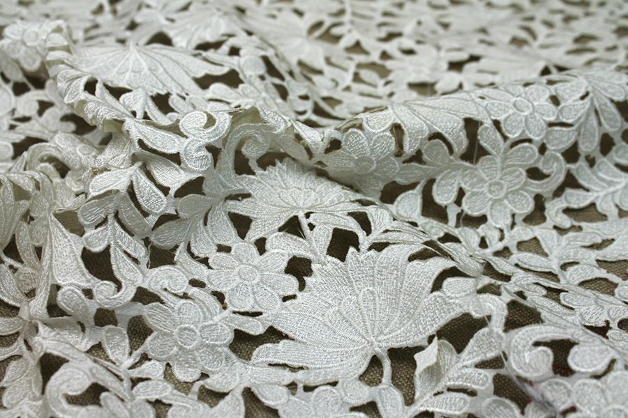 Ivory Embroidered Floral Cut Out Dupion fabric