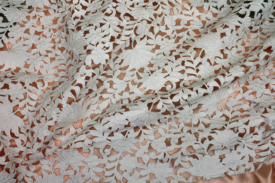 Ivory Embroidered Floral Cut Out Dupion fabric, image 4 of 9