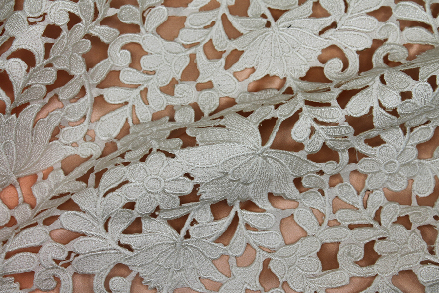 Ivory Embroidered Floral Cut Out Dupion fabric, image 7 of 9