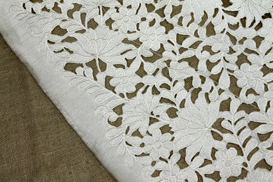 Ivory Embroidered Floral Cut Out Dupion fabric, image 9 of 9