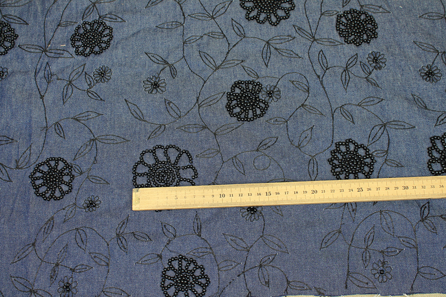 Beaded Embroidered European Denim - Black on Mid Blue - 0.3-0.35m Piece fabric, image 3 of 7