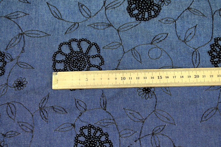 Beaded Embroidered European Denim - Black on Mid Blue - 0.3-0.35m Piece fabric, image 5 of 7