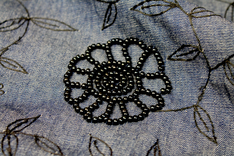 Beaded Embroidered European Denim - Black on Mid Blue - 0.3-0.35m Piece fabric, image 4 of 7