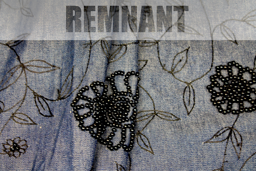 Beaded Embroidered European Denim - Black on Mid Blue - 0.3-0.35m Piece fabric