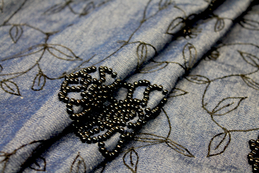 Beaded Embroidered European Denim - Black on Mid Blue - 0.3-0.35m Piece fabric, image 2 of 7