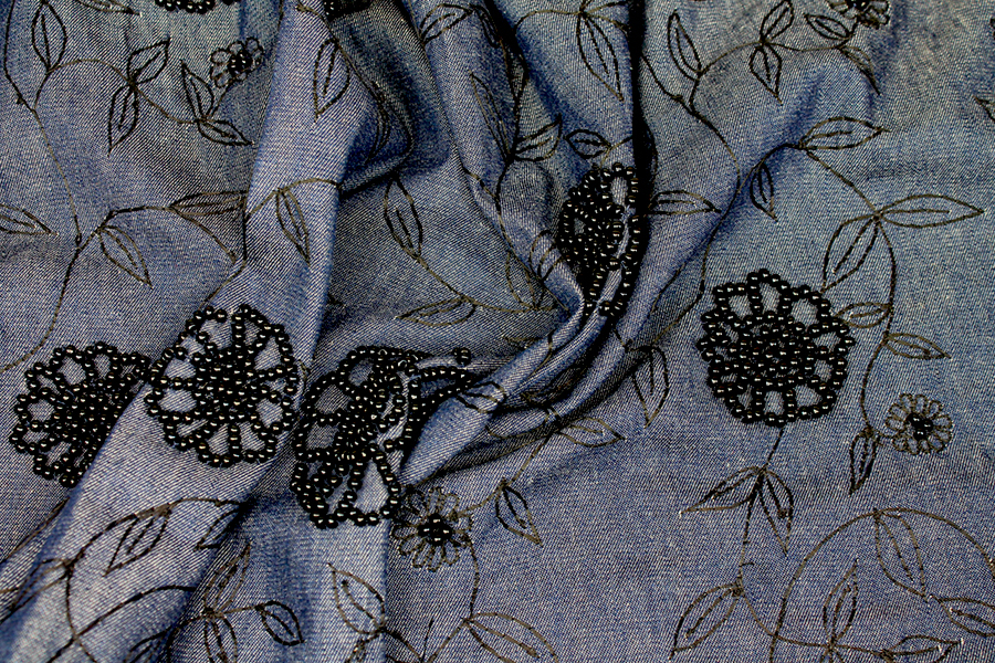 Beaded Embroidered European Denim - Black on Mid Blue - 0.3-0.35m Piece fabric, image 6 of 7