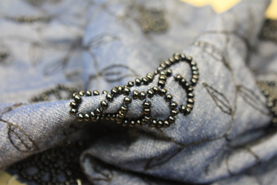 Beaded Embroidered European Denim - Black on Mid Blue - 0.3-0.35m Piece fabric, image 7 of 7