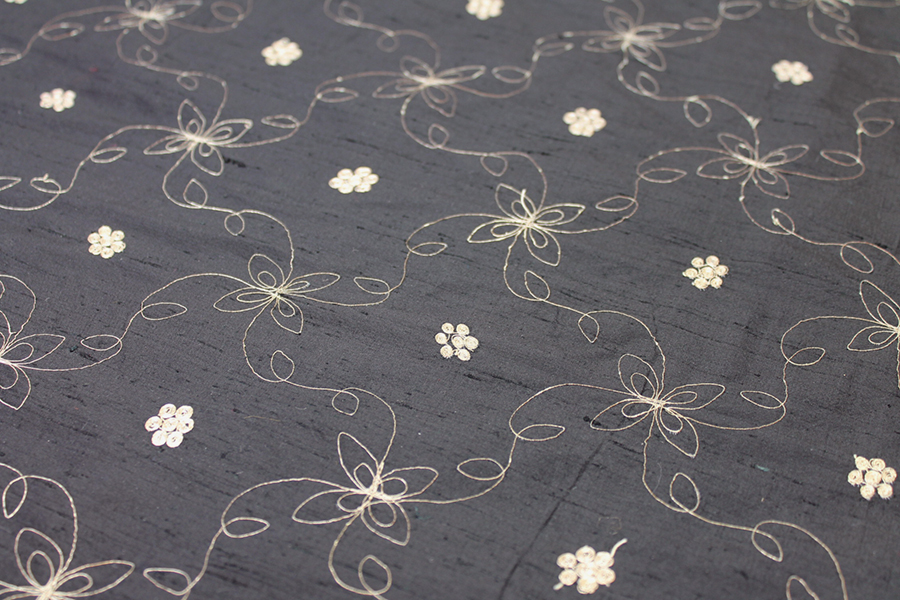 Black Silk Dupion w/ Simplistic Gold Embroidery fabric, image 2 of 8