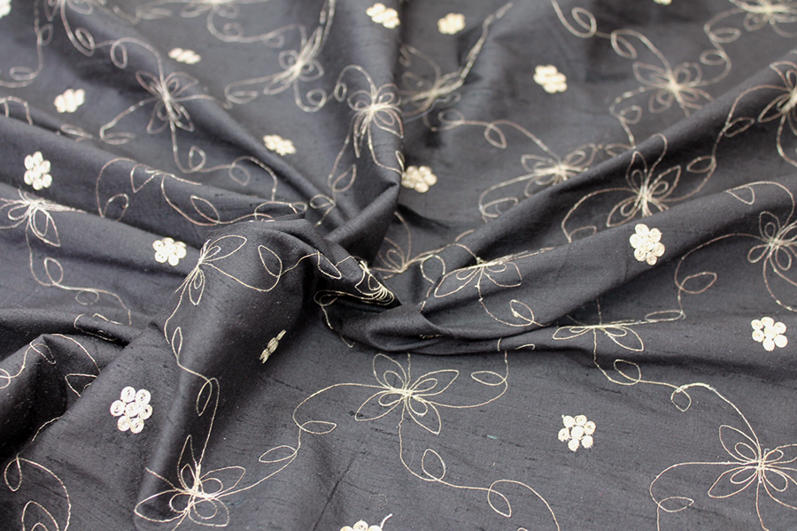 Black Silk Dupion w/ Simplistic Gold Embroidery fabric, image 4 of 8