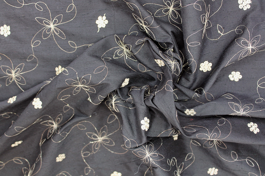 Black Silk Dupion w/ Simplistic Gold Embroidery fabric, image 7 of 8