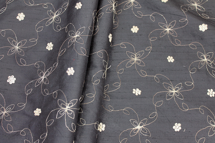 Black Silk Dupion w/ Simplistic Gold Embroidery fabric, image 3 of 8