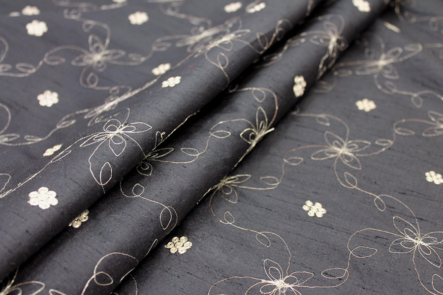 Black Silk Dupion w/ Simplistic Gold Embroidery fabric, image 8 of 8
