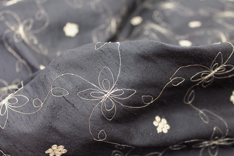 Black Silk Dupion w/ Simplistic Gold Embroidery fabric