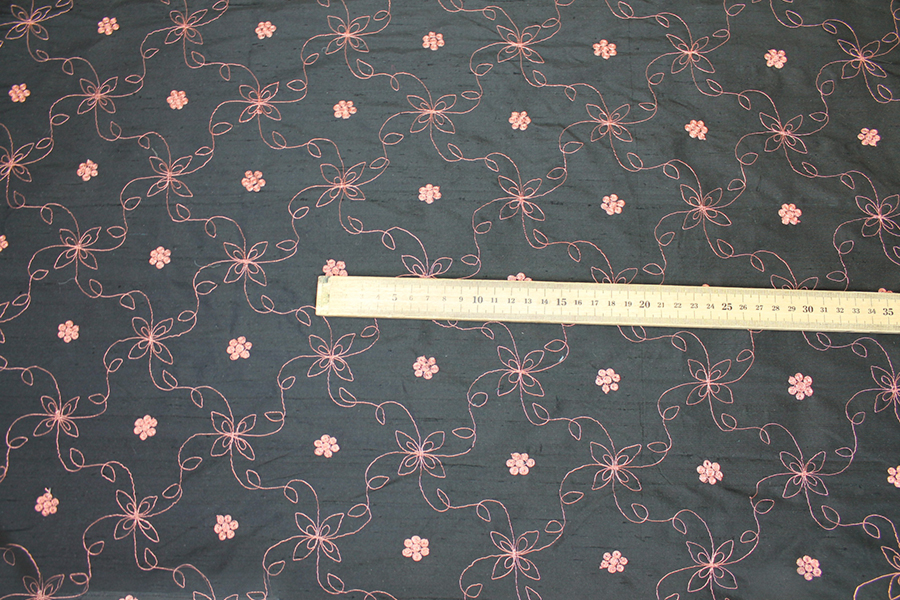 Black Silk Dupion w/ Simplistic Copper Embroidery fabric, image 4 of 8