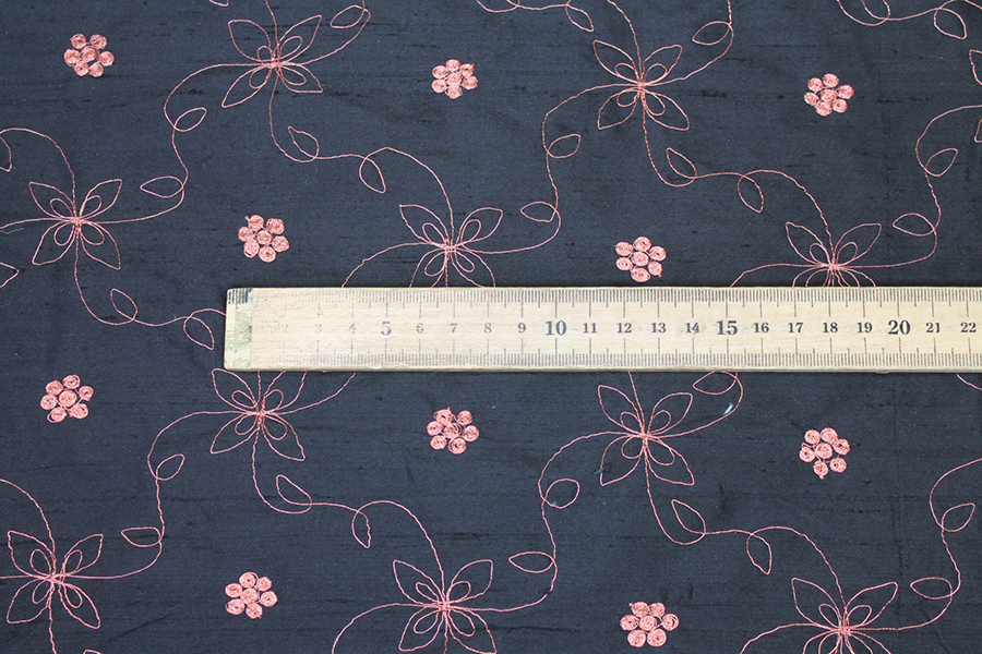 Black Silk Dupion w/ Simplistic Copper Embroidery fabric, image 2 of 8