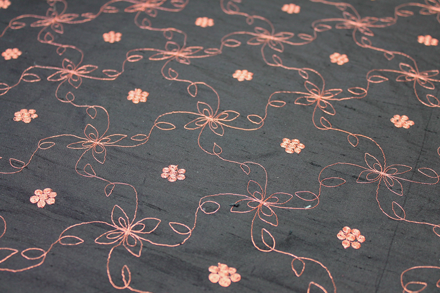 Black Silk Dupion w/ Simplistic Copper Embroidery fabric, image 3 of 8