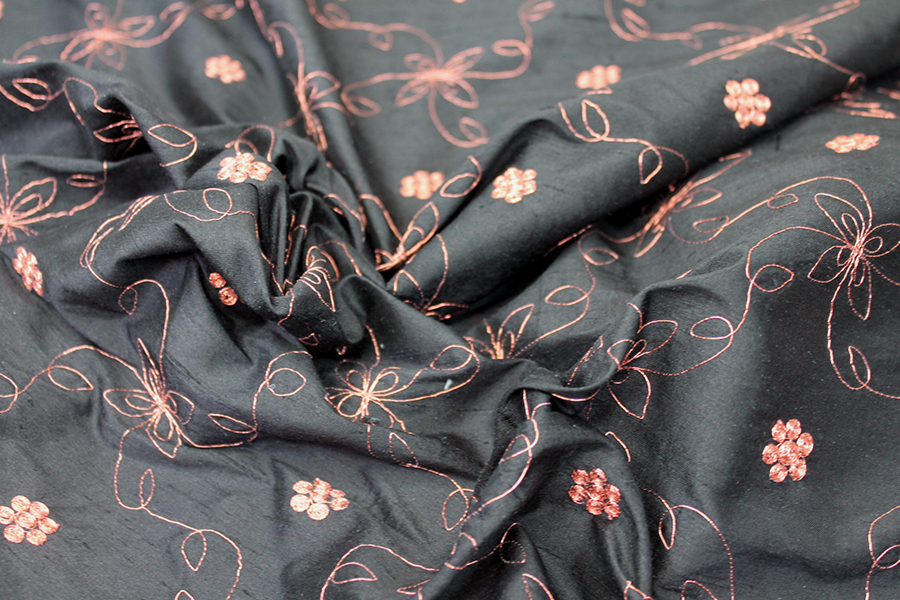 Black Silk Dupion w/ Simplistic Copper Embroidery fabric, image 5 of 8