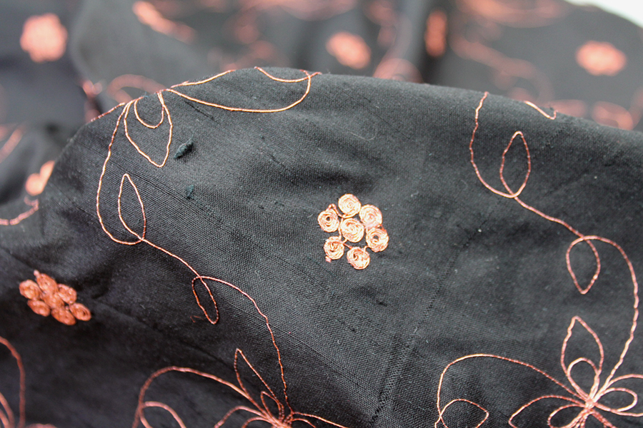 Black Silk Dupion w/ Simplistic Copper Embroidery fabric