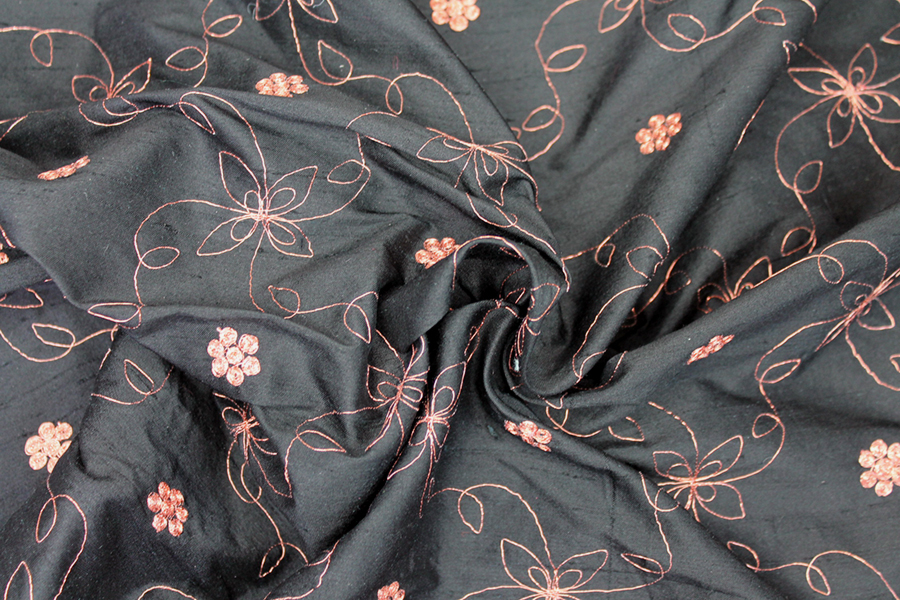 Black Silk Dupion w/ Simplistic Copper Embroidery fabric, image 6 of 8