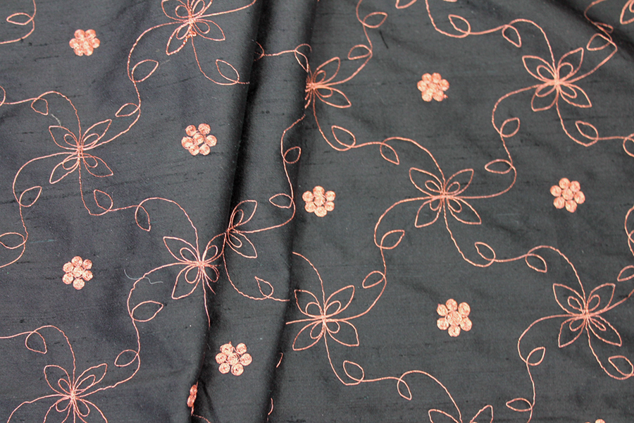 Black Silk Dupion w/ Simplistic Copper Embroidery fabric, image 7 of 8