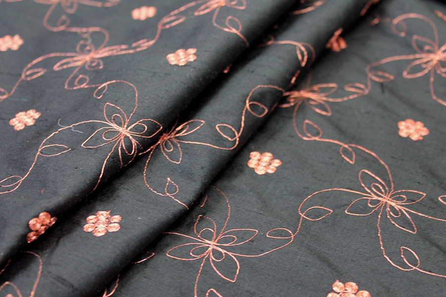 Black Silk Dupion w/ Simplistic Copper Embroidery fabric, image 8 of 8