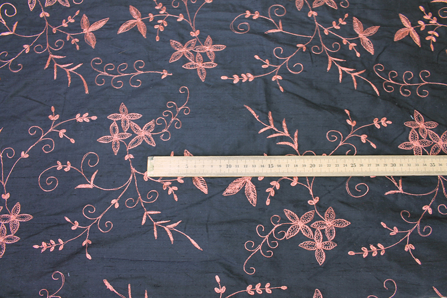 Black Silk Dupion w/ Detailed Copper Embroidery fabric, image 6 of 8
