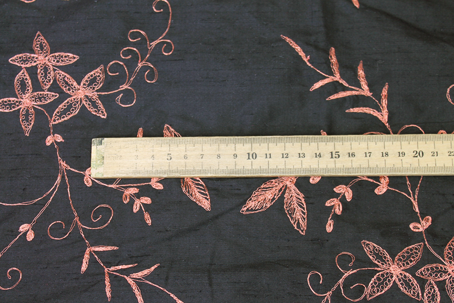 Black Silk Dupion w/ Detailed Copper Embroidery fabric, image 4 of 8