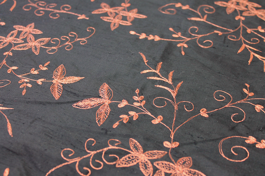 Black Silk Dupion w/ Detailed Copper Embroidery fabric, image 2 of 8