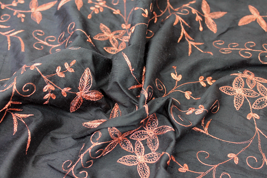 Black Silk Dupion w/ Detailed Copper Embroidery fabric, image 5 of 8