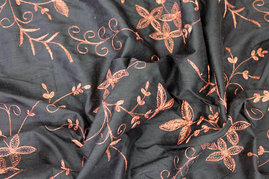 Black Silk Dupion w/ Detailed Copper Embroidery fabric, image 3 of 8