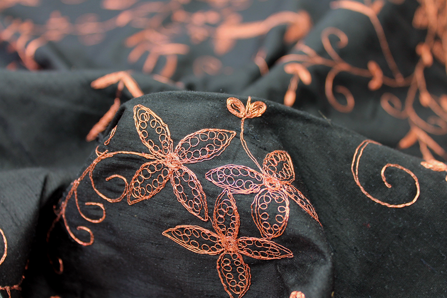 Black Silk Dupion w/ Detailed Copper Embroidery fabric