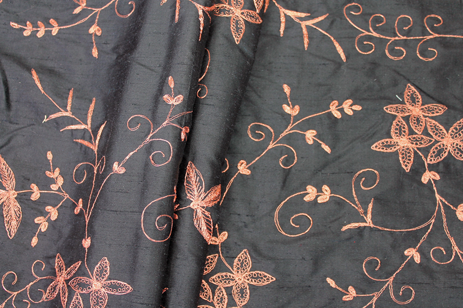 Black Silk Dupion w/ Detailed Copper Embroidery fabric, image 7 of 8