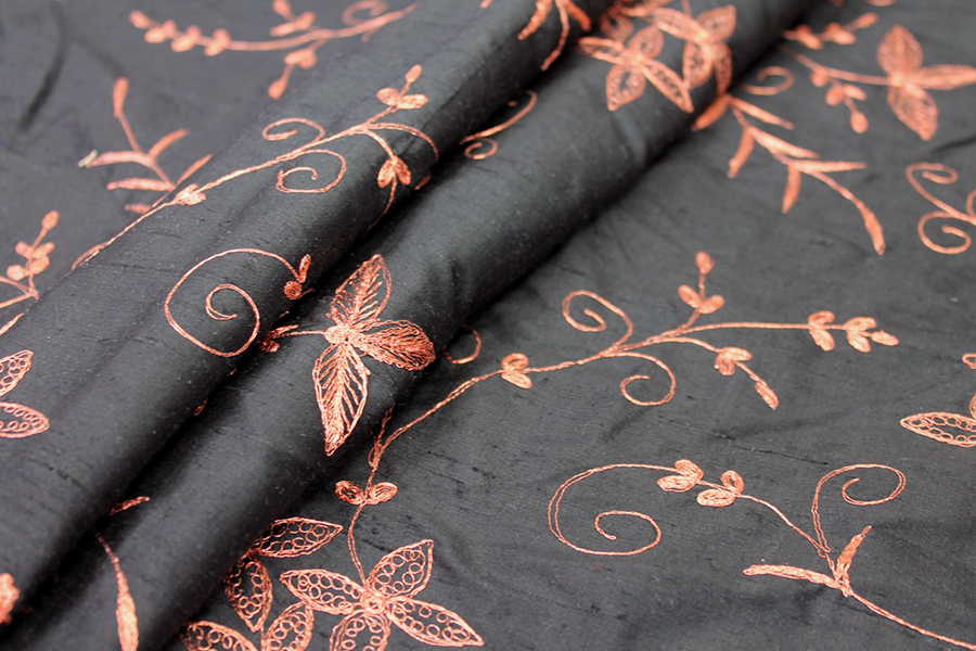 Black Silk Dupion w/ Detailed Copper Embroidery fabric, image 8 of 8
