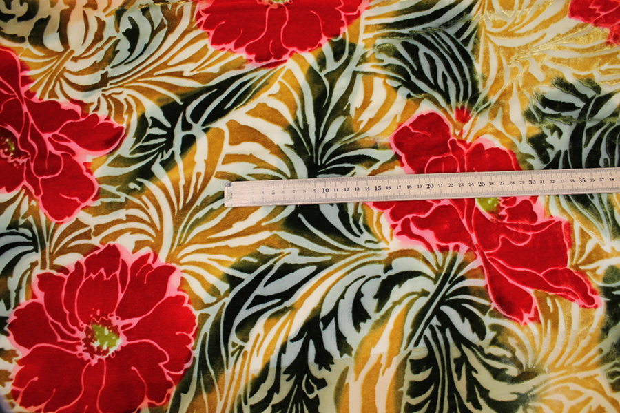 Silk Velvet Devore - Green and Gold with Red Flowers fabric, image 4 of 7