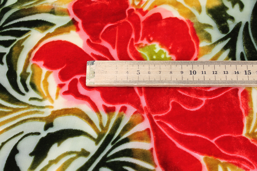Silk Velvet Devore - Green and Gold with Red Flowers fabric, image 5 of 7