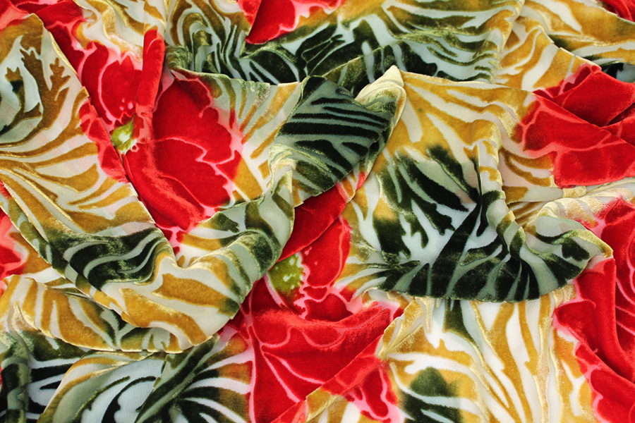 Silk Velvet Devore - Green and Gold with Red Flowers fabric
