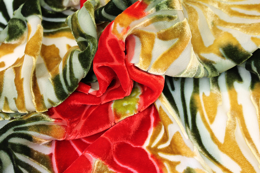 Silk Velvet Devore - Green and Gold with Red Flowers fabric, image 3 of 7