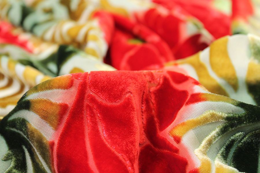 Silk Velvet Devore - Green and Gold with Red Flowers fabric, image 2 of 7