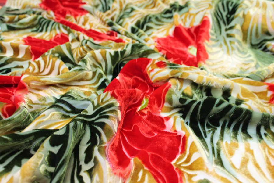 Silk Velvet Devore - Green and Gold with Red Flowers fabric, image 6 of 7