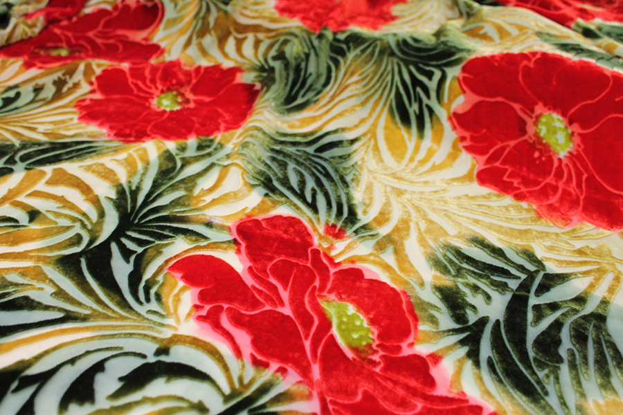 Silk Velvet Devore - Green and Gold with Red Flowers fabric, image 7 of 7